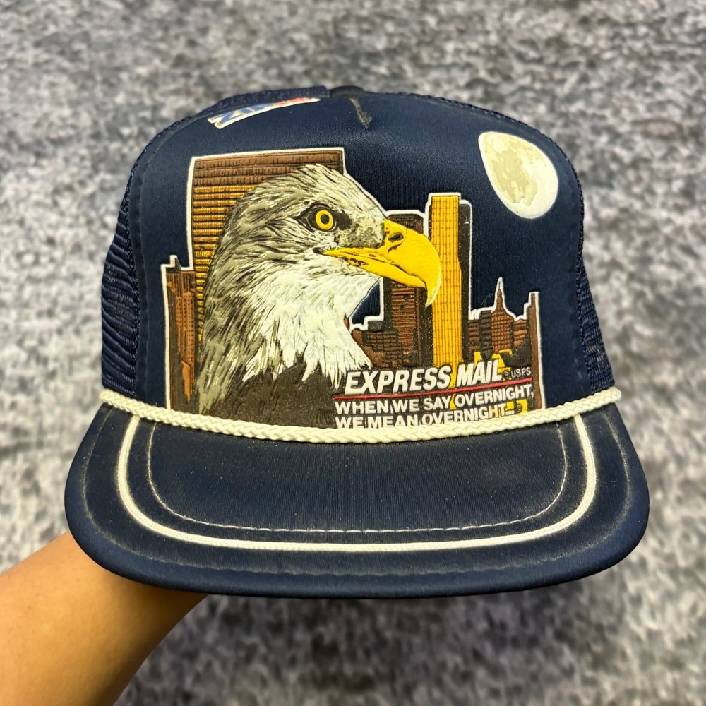 VTG U.S. Postal Express Mail Trucker Hat Navy Blue Bald Eagle 80s Adjustable